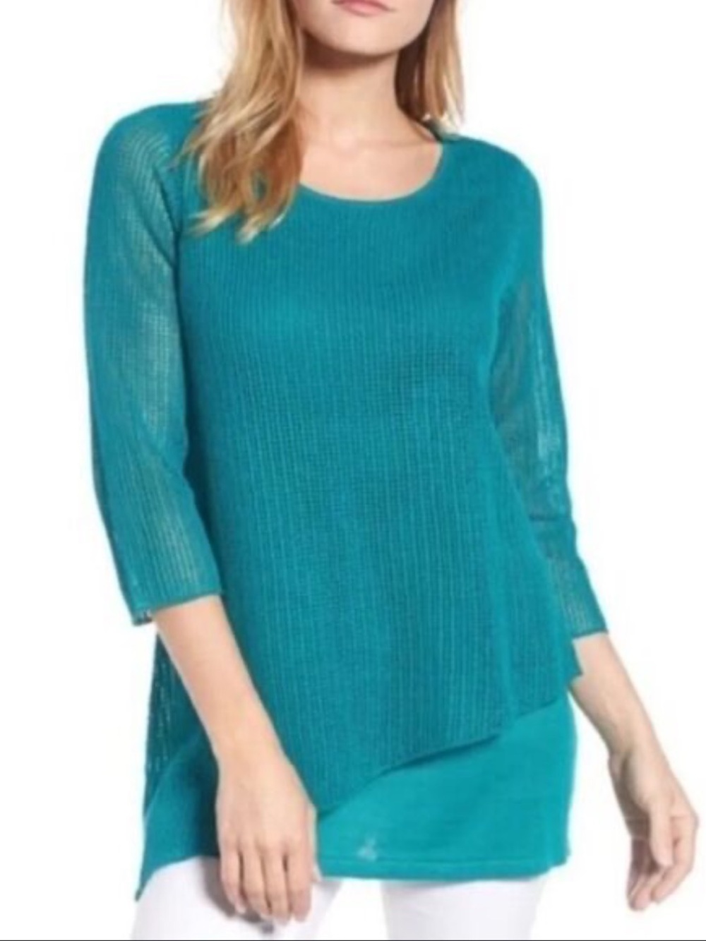 Eileen Fisher Organic Linen‎ Teal Layered Scoop-Neck Sweater Large